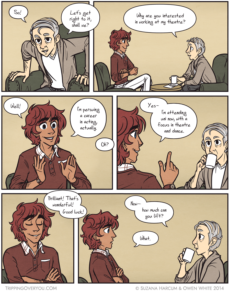 Alternate ending: Milo immediately knocks over the table upon sitting down in a chair that is too small for him. He spills tea all over Mr. Renard, scalds him, and then shouts ''Sorry!!'' for four panels. The ensuing disaster is somehow LESS awkward than if he hadn't done this.